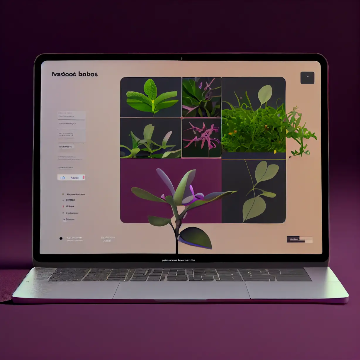 photo of macbook M1 with [with a modern user interface of plant identification app on the screen] inspired by Behance and Figma and dribbble 